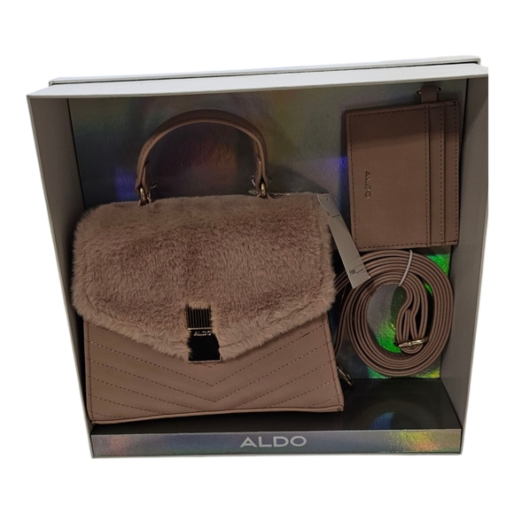 ALDO Blush Faux Fur Satchel/Crossbody Set w Card Case - Picture 8 of 10
